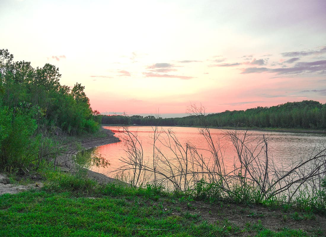 Chesterfield, MO - Sunset Over Lake Viewed From Hiking Trail in Chesterfield Missouri